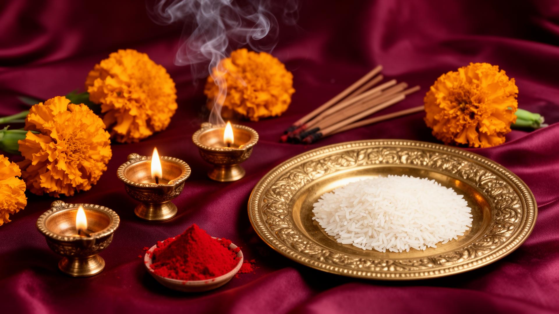 Premium pooja items including brass diyas, marigold flowers and thali